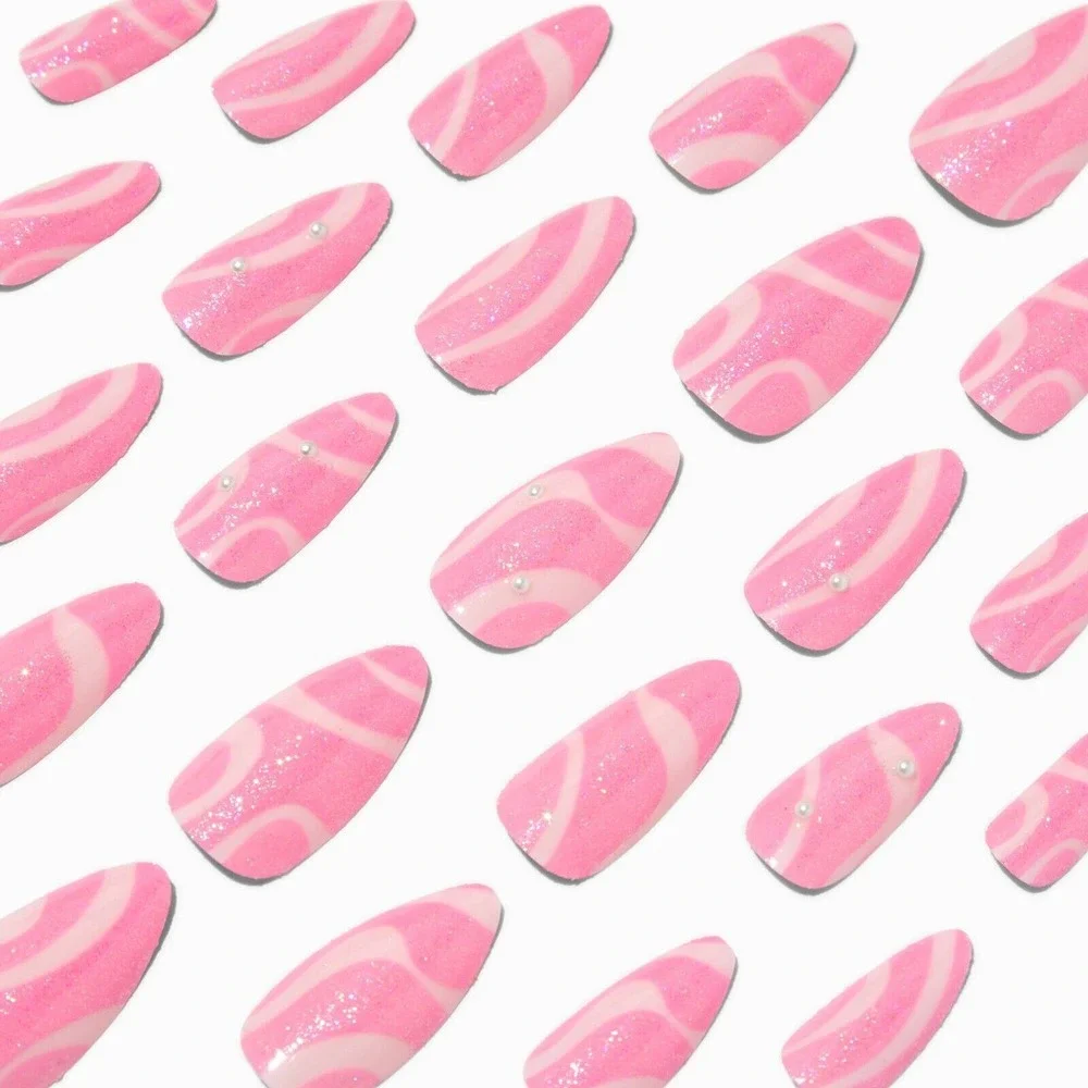Pink‎ Swirl Bling Stiletto Vegan Faux Nail Set - 24 Pack